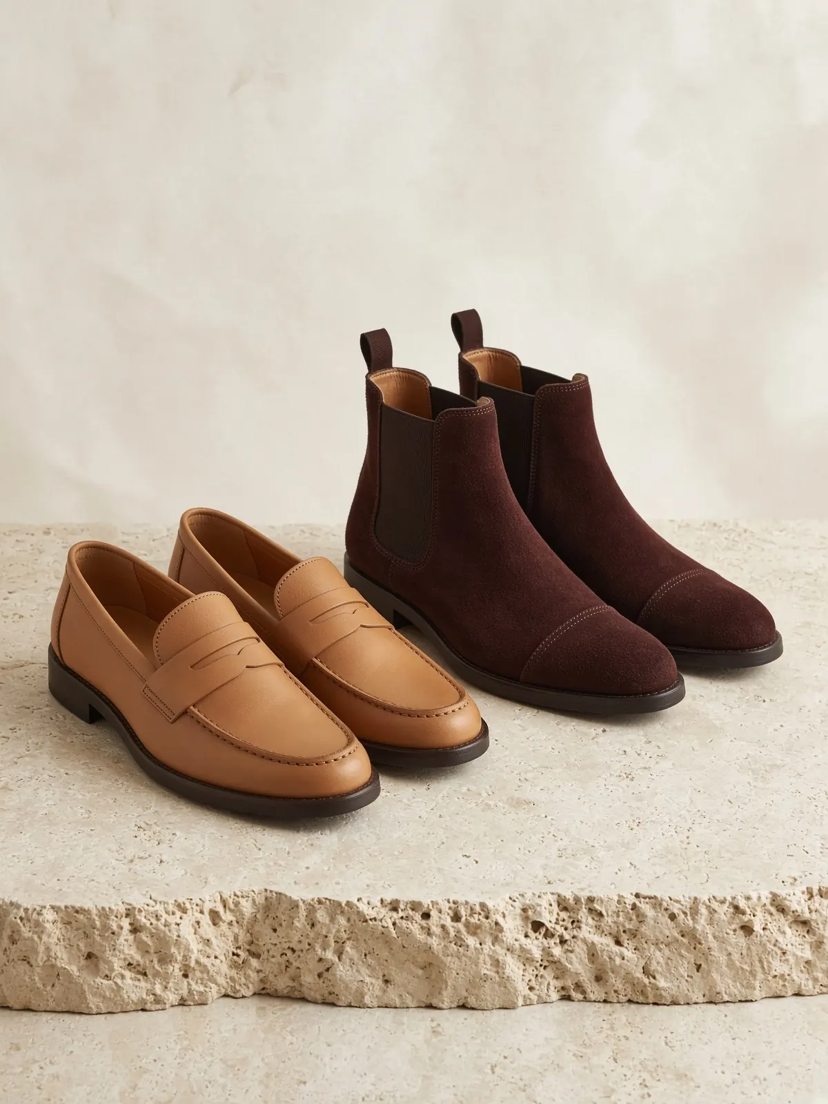 Tan loafers and oxblood suede Chelsea boots on limestone.