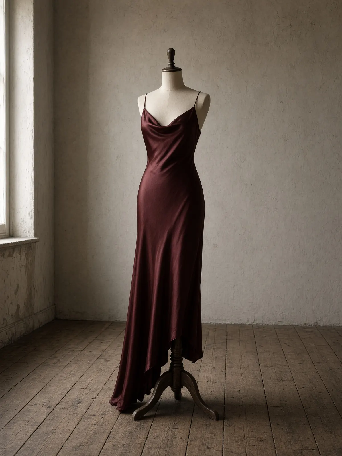 Oxblood cupro slip on an ivory dress form in an empty room.