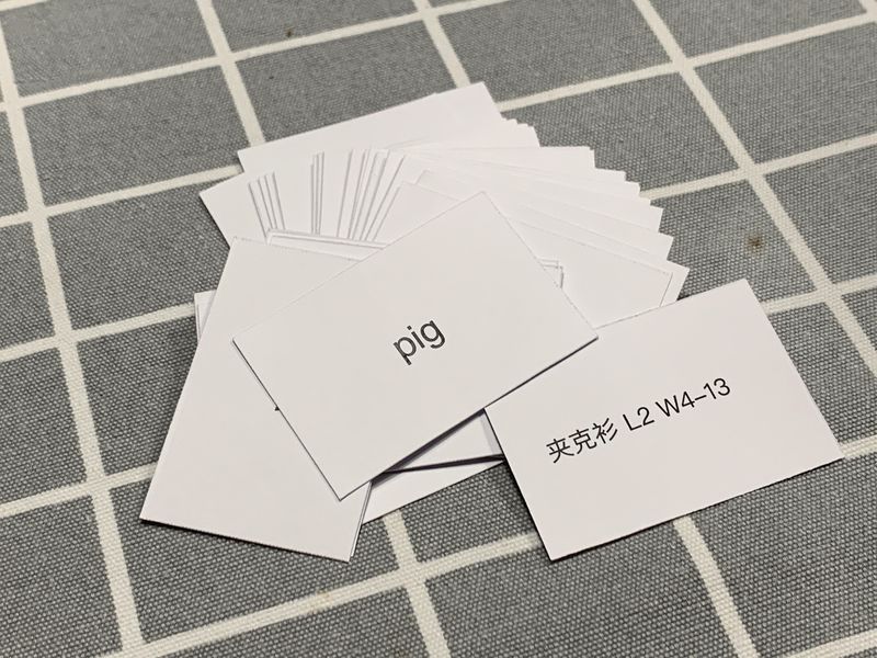 Language flash cards with printed words spread out on a grey cutting mat
