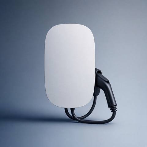 Compact white wall charger on a grey studio background.