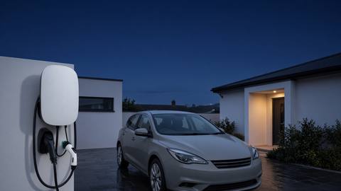 Modern house at dusk with a wall charger and an electric car on a wet drive.