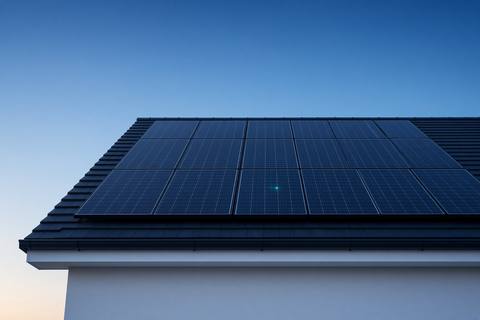 Solar panels on a modern roof in morning light.