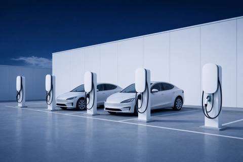 Office car park with plain post-mounted chargers and unmarked bays.