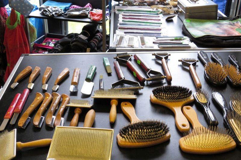 Rows of grooming brushes, combs, scissors and clippers laid out on a dark table