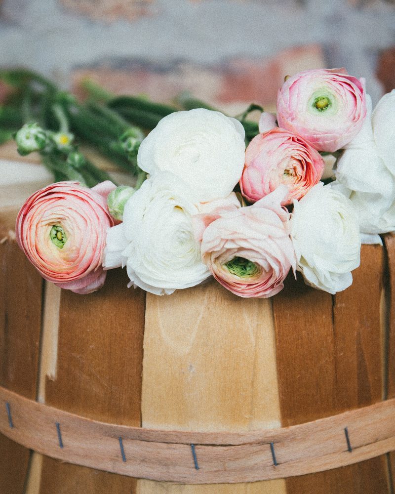 A small country bunch of white roses and pink ranunculus in a wooden tub