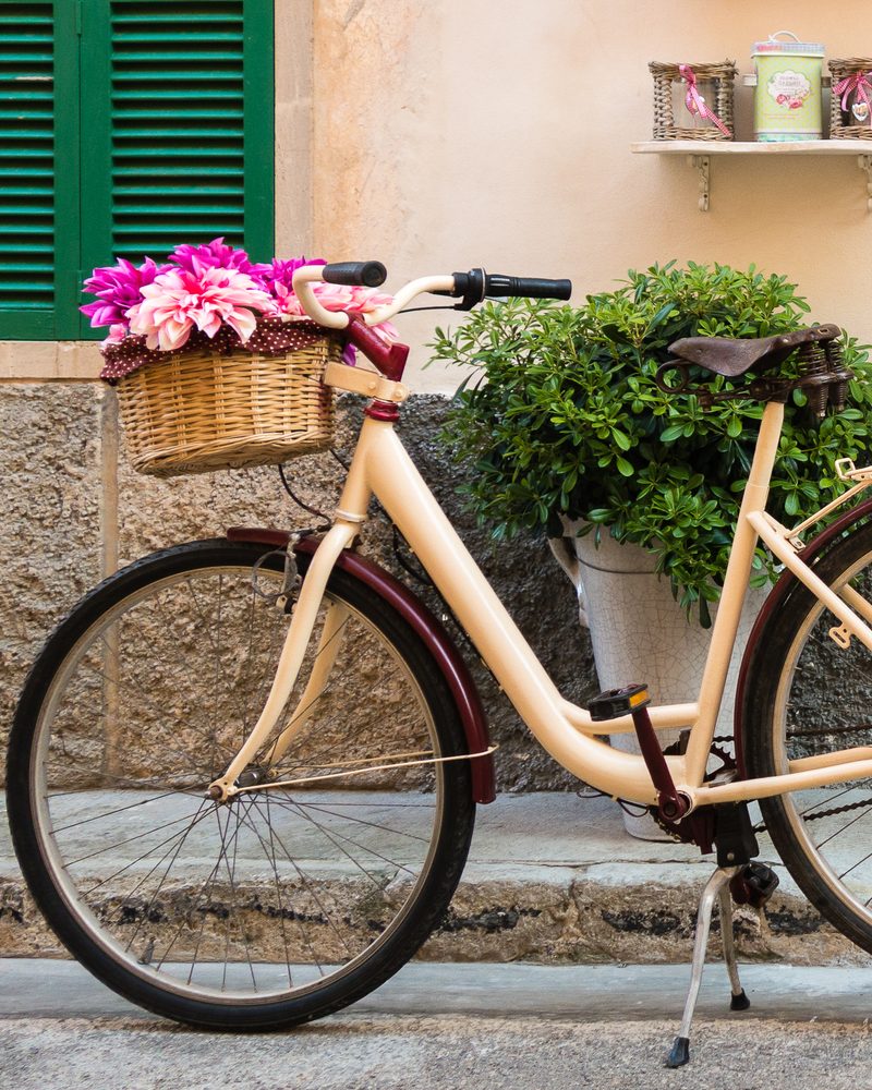 A cream bicycle with a basket of pink flowers parked against a wall with green shutters
