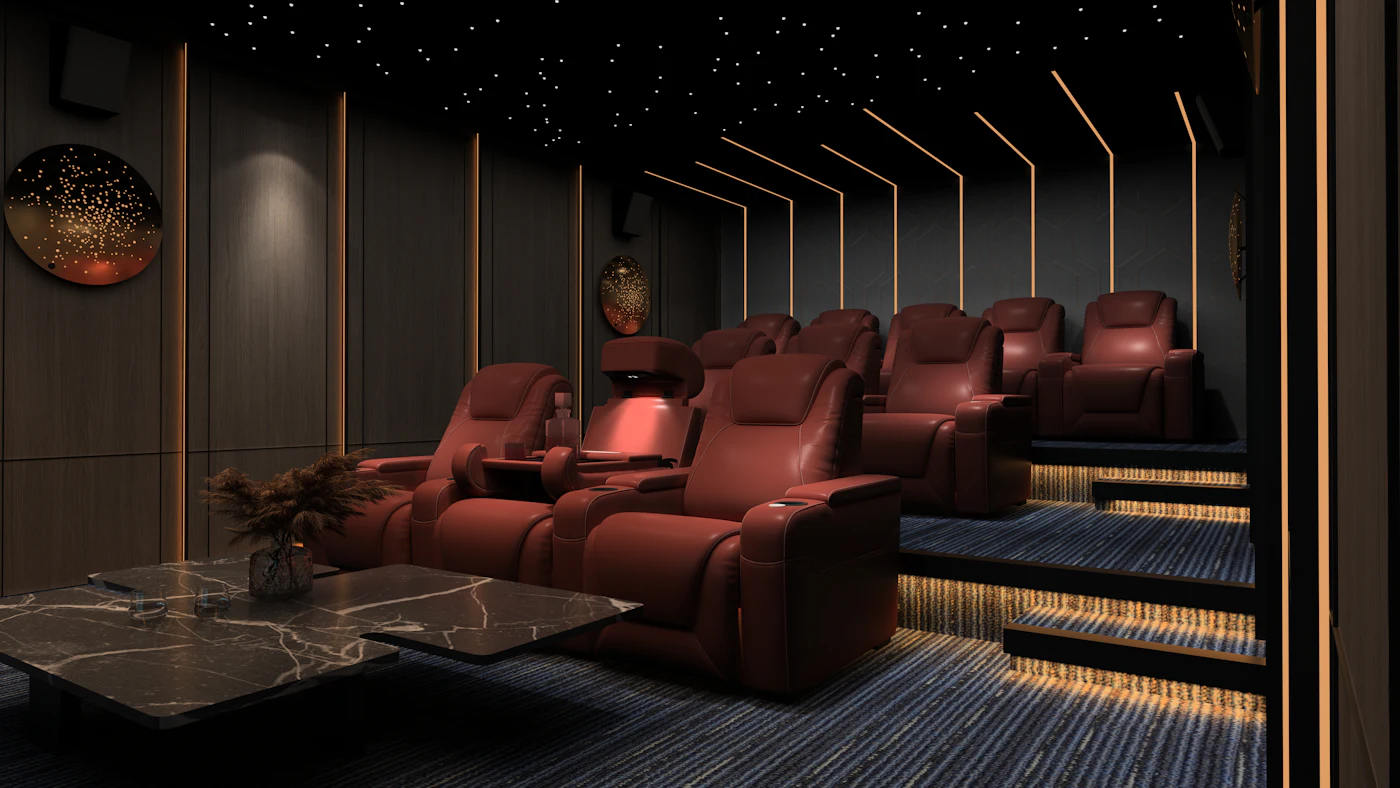 A private cinema with red recliners and a starlit ceiling