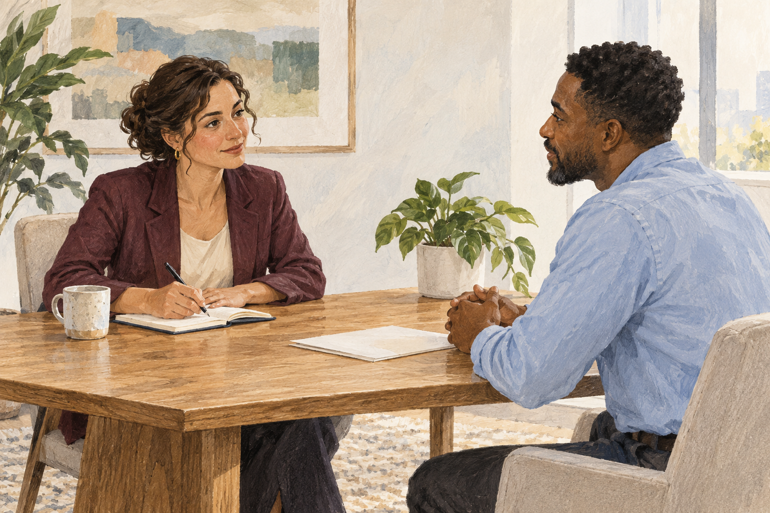 Warm editorial people study of a conversation with notebooks