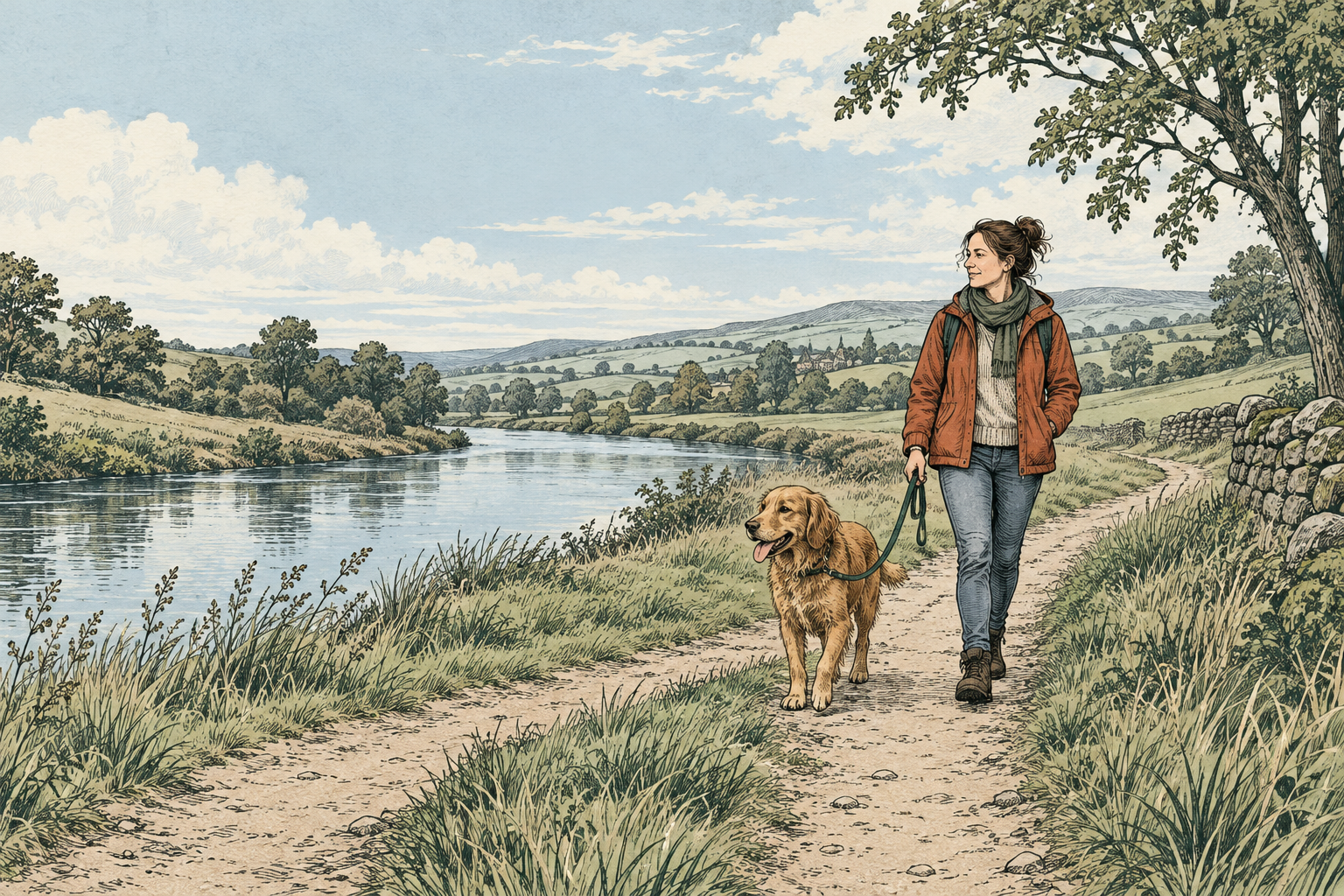 Hand-inked field-guide scene of a dog and carer following a path beside a river