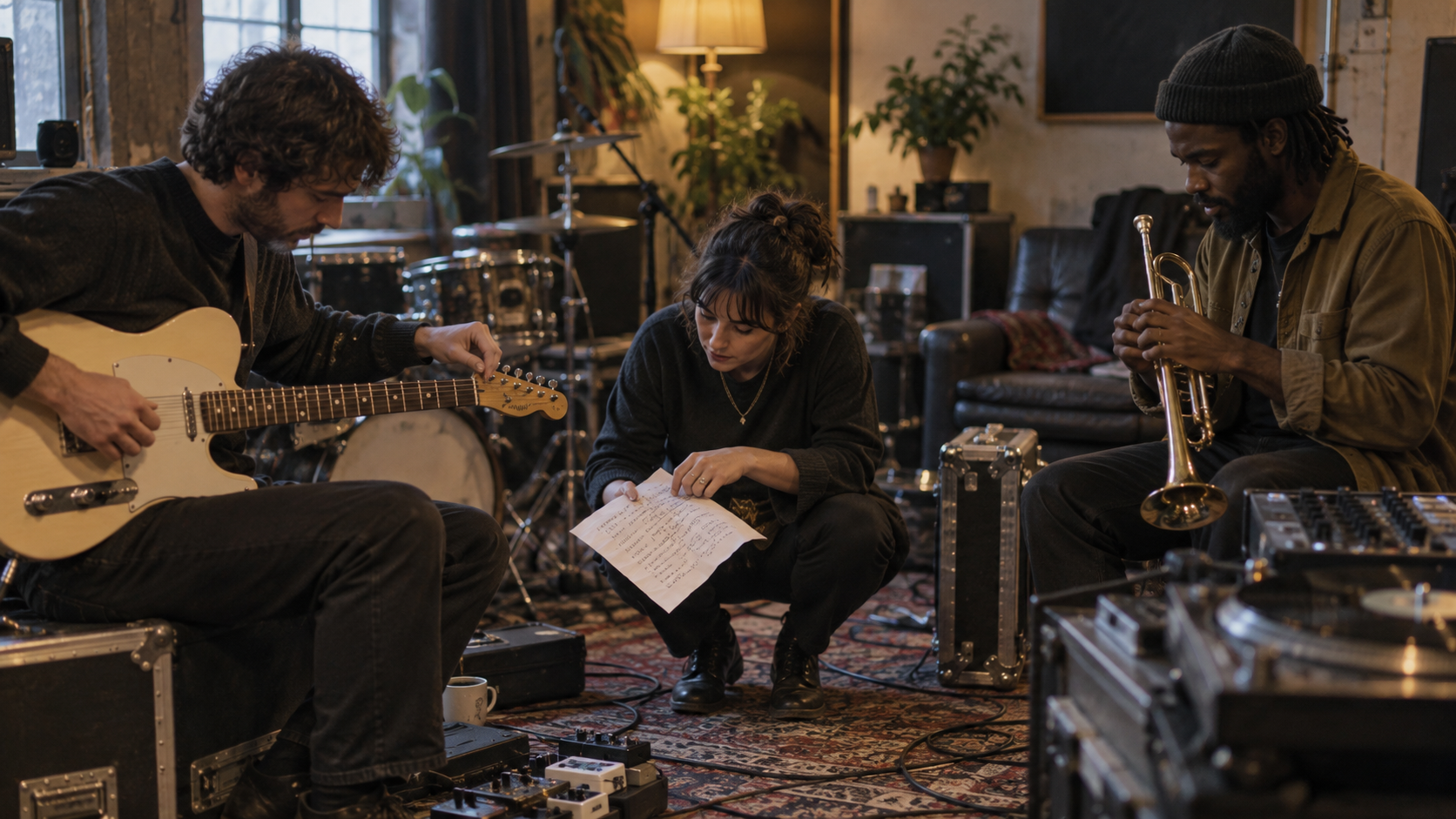 Reference musicians rehearsing with instruments and notes