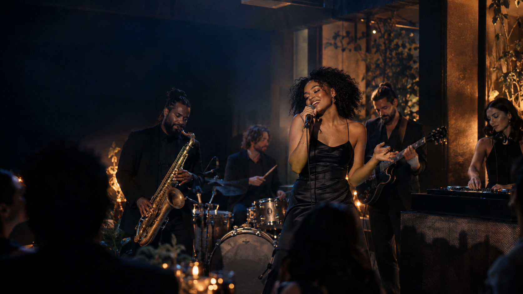 Reference live band performance with singer and instruments