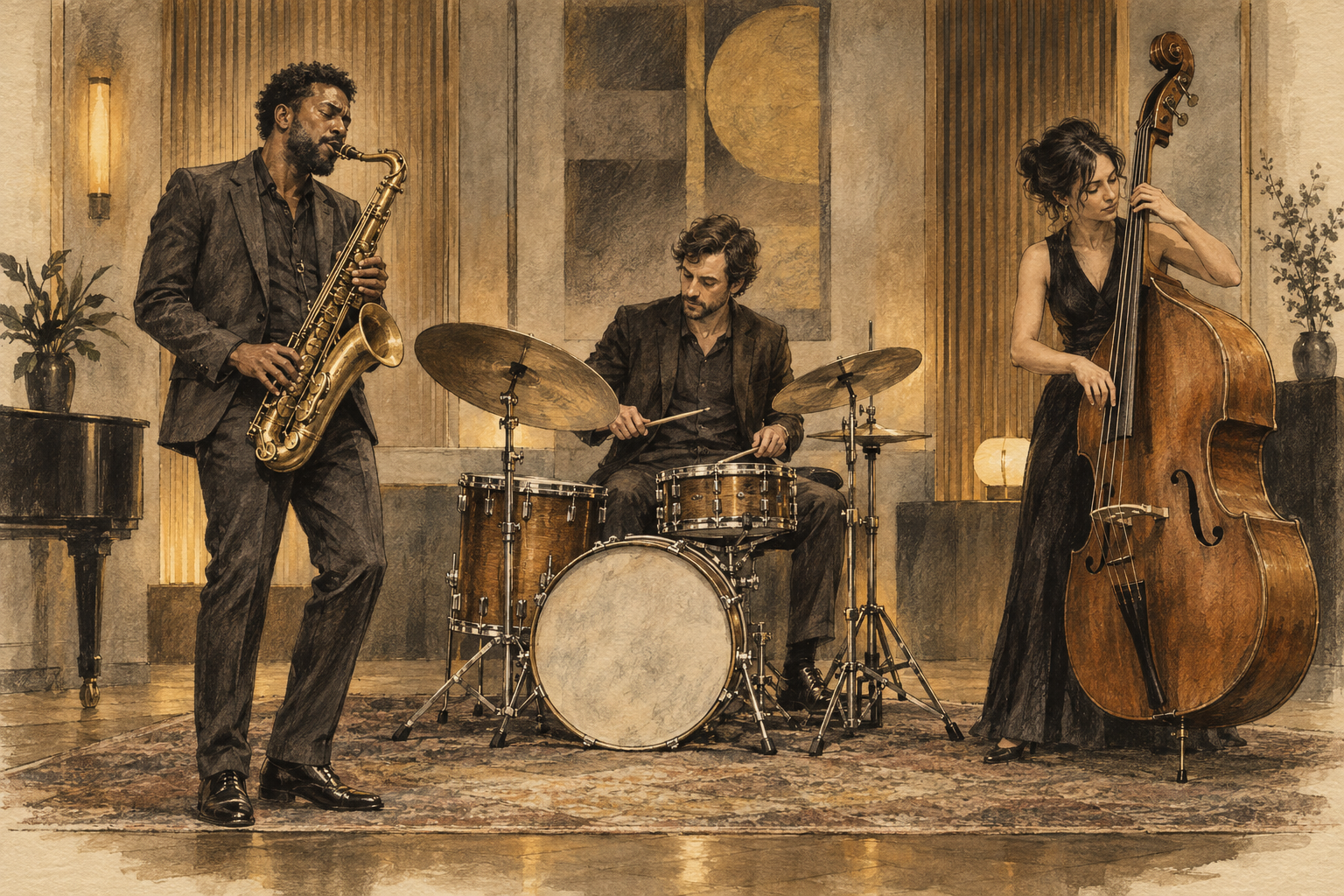 Charcoal and watercolour ensemble study with saxophone, drums and double bass on programme paper