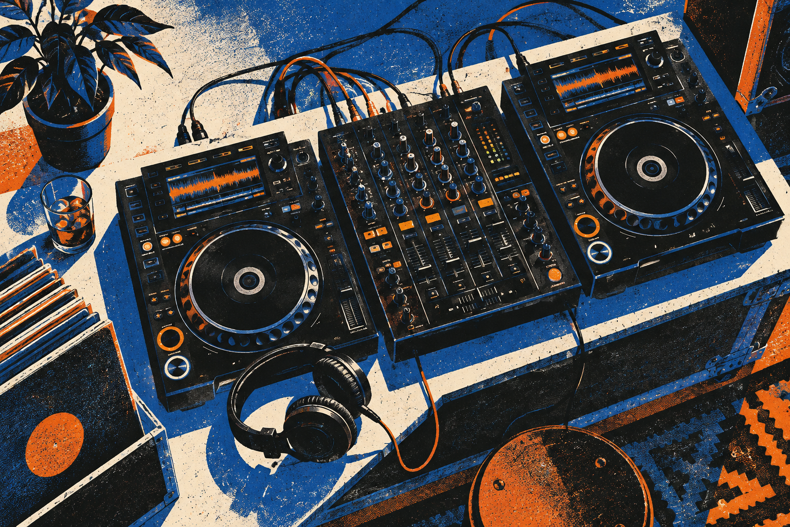 Original cobalt and orange print illustration of decks and a mixer