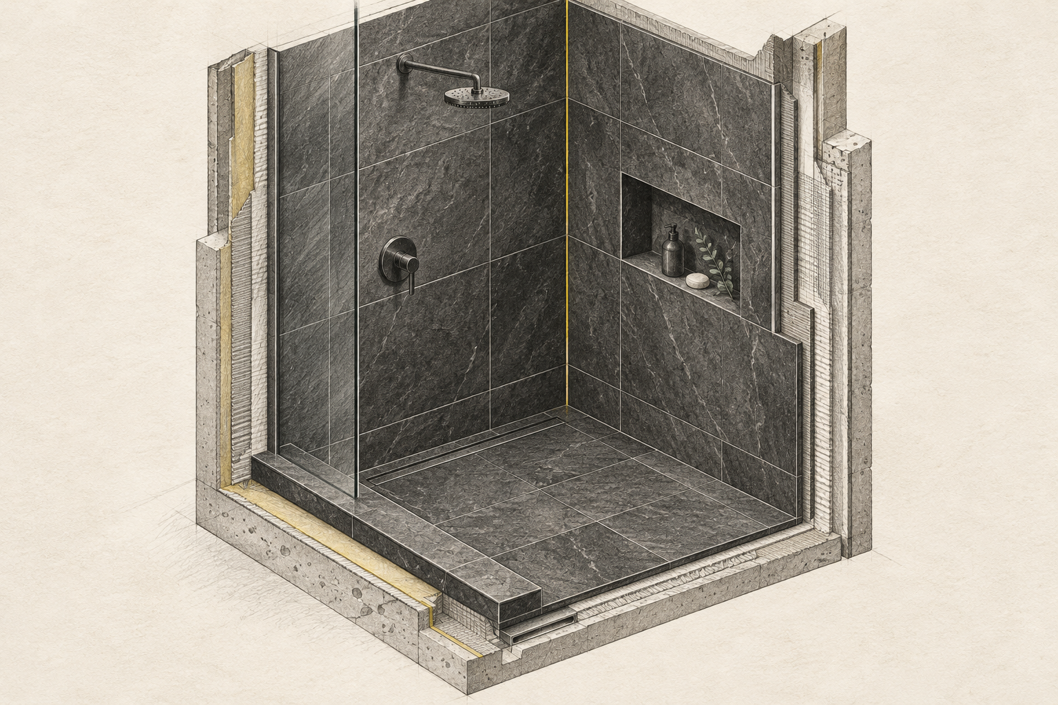 Graphite drawing of floor and wall layer relationships; explanatory construction study